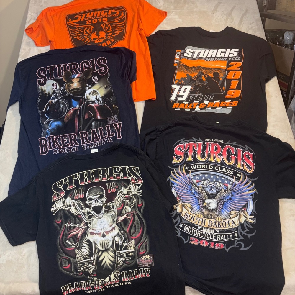 Lot of 5 Sturgis Motorcycle Rally Graphic T-Shirts Mens Large Black Orange 2019